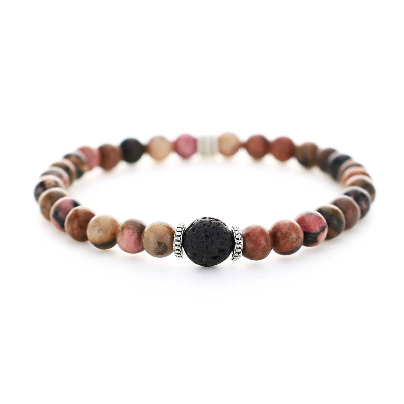 Armband i Black Line Rhodonite och Lava med Detaljer av Metall