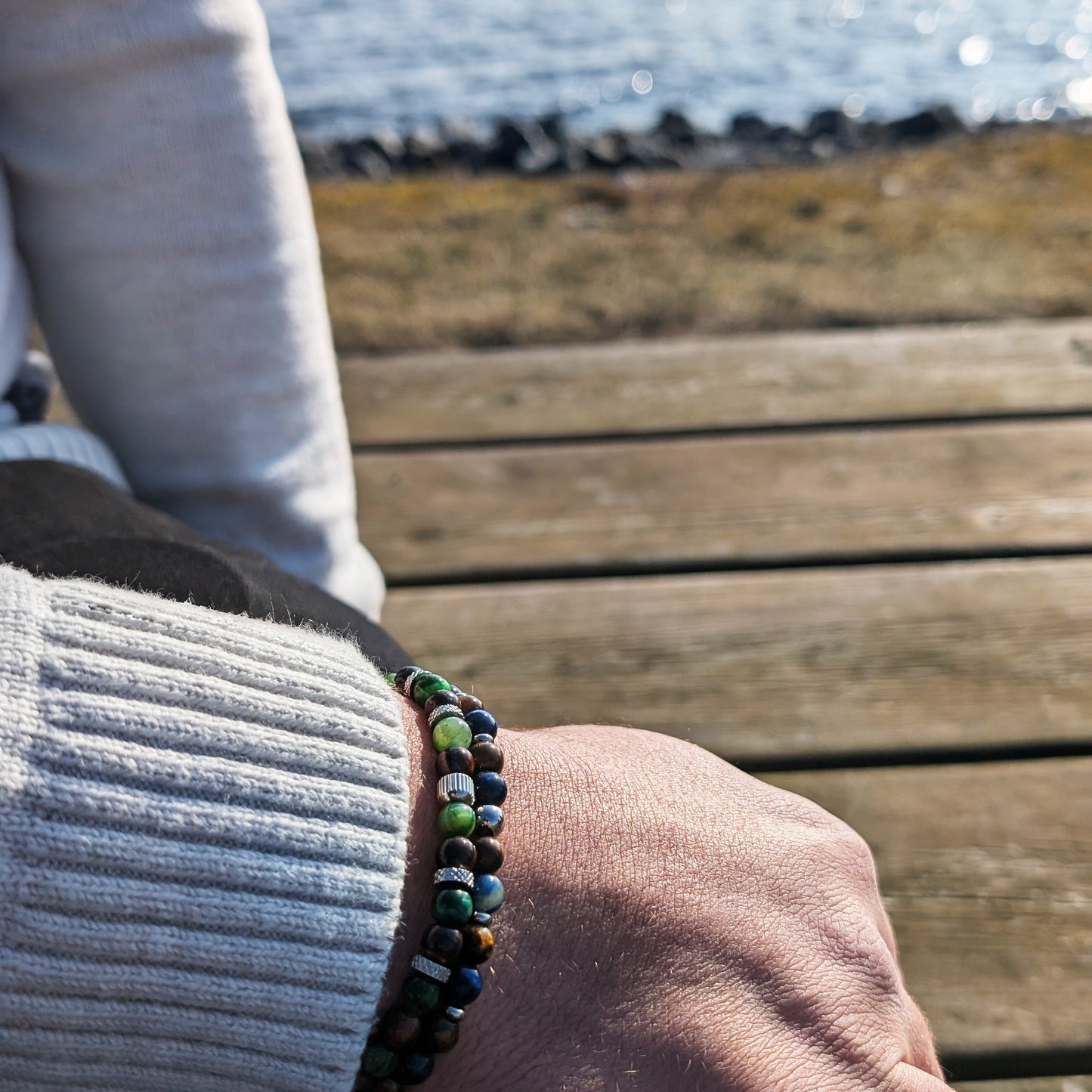 Armband i Tiger Eye, Blå och Brun med inslag av Metall